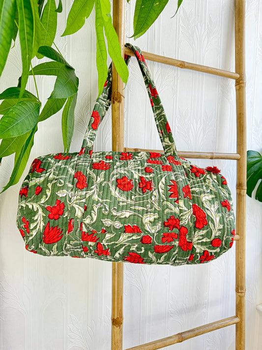 SoftStyle Quilted Cotton Duffle Bag with Dual Side Pockets Olive green red flowers