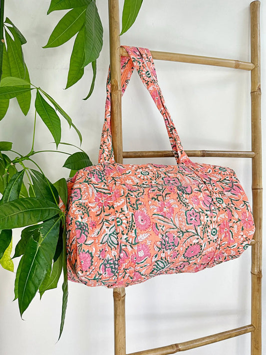 SoftStyle Quilted Cotton Duffle Bag with Dual Side Pockets Peach floral hue