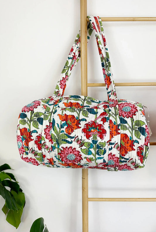 SoftStyle Quilted Cotton Duffle Bag with Dual Side Pockets White Pink Floral Eco