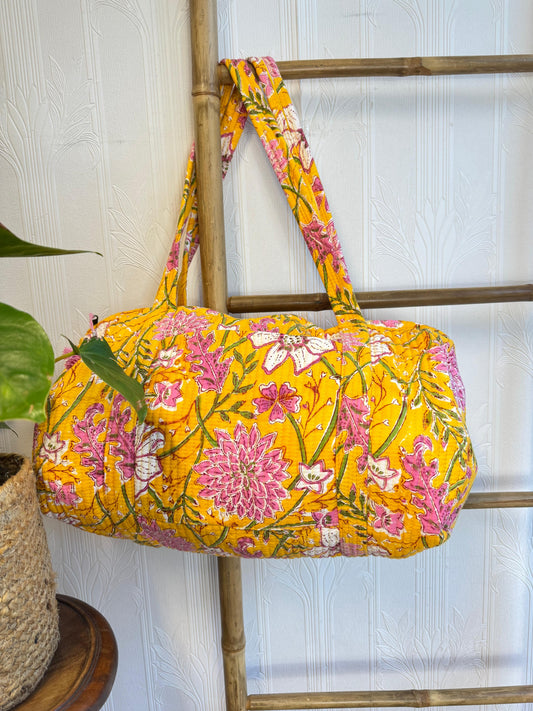 SoftStyle Quilted Cotton Duffle Bag with Dual Side Pockets Yellow Pink Floral