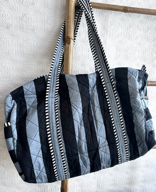 Quilted Stripe Duffle Tote Shoulder Black grey Bag Cotton
