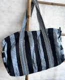 Quilted Stripe Duffle Tote Shoulder Black grey Bag Cotton