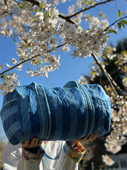 Quilted Stripe Duffle Tote Shoulder Blue Bag Cotton