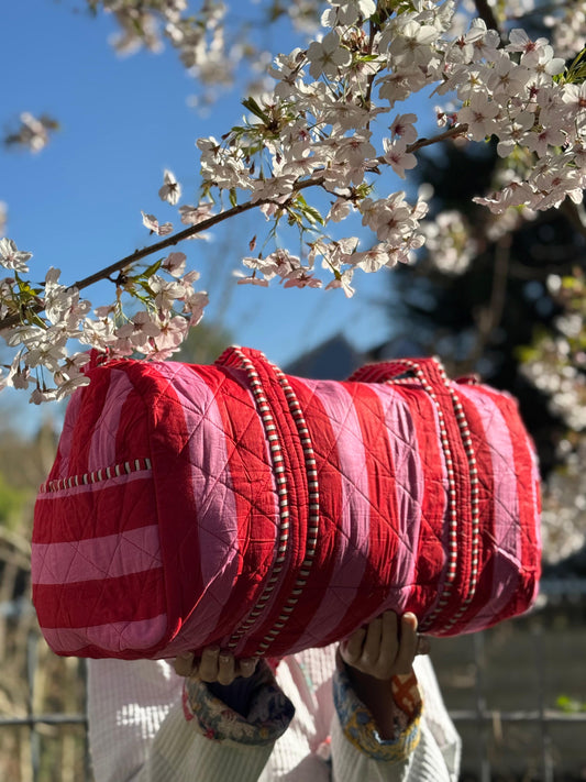 Quilted Stripe Duffle Tote Shoulder Pink Bag Cotton
