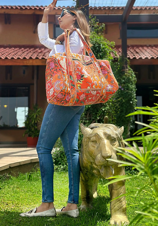 Quilted Patchwork Duffle Tote Shoulder Orange Bag Cotton