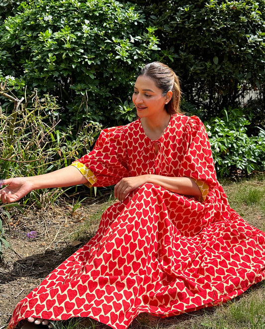 Pure Cotton Long Dress Indian Block Print Boho Colourful Summer Earthy Elegant Comfy Daywear Mom Outfit HOT RED