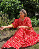 Pure Cotton Long Dress Indian Block Print Boho Colourful Summer Earthy Elegant Comfy Daywear Mom Outfit HOT RED