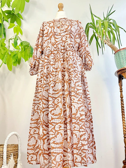 Elegant Block print Midi Dress stitched to be your next comfy dress this Summer in Earthen Burnt Brick White Leaves Autumn Garden