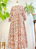 Elegant Block print Midi Dress stitched to be your next comfy dress this Summer in Earthen Burnt Brick White Leaves Autumn Garden