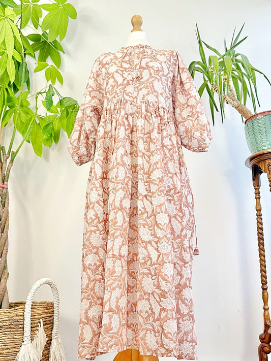 Elegant Block print Midi Dress stitched to be your next comfy dress this Summer in Earthen Old Rose Nature Goddess Floral