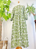 Elegant Block print Midi Dress stitched to be your next comfy dress this Summer in Fresh Olive Green Gingko Leaves