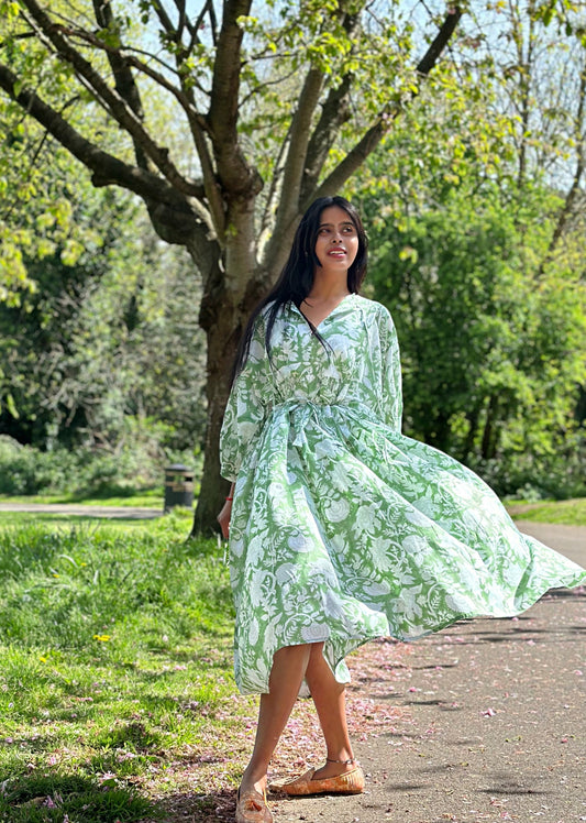 Elegant Block print Midi Dress stitched to be your next comfy dress this Summer in Soft Green Leaf White Floral