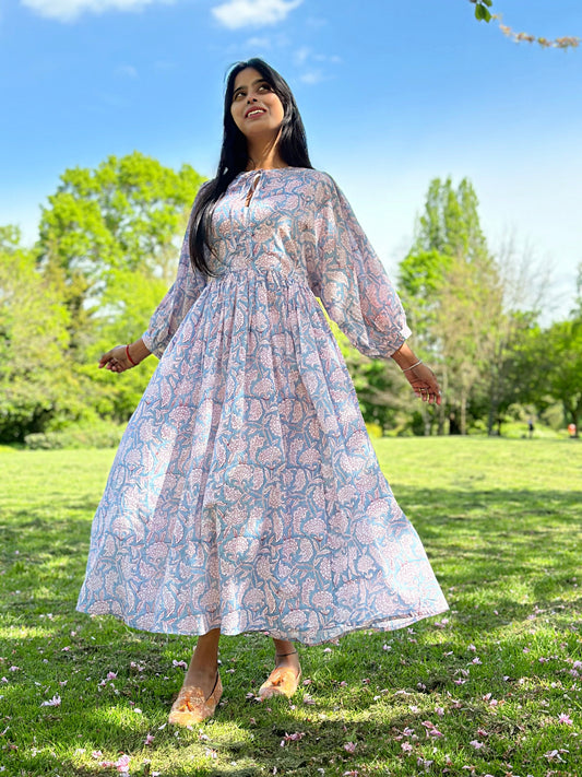 Elegant Block print Midi Dress stitched to be your next comfy dress this Summer in Blue Red floral