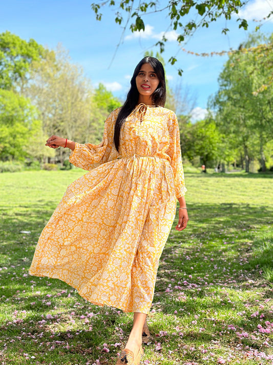 Elegant Block print Midi Dress stitched to be your next comfy dress this Summer in Mustard Turmeric Yellow White Floral