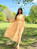 Elegant Block print Midi Dress stitched to be your next comfy dress this Summer in Mustard Turmeric Yellow White Floral