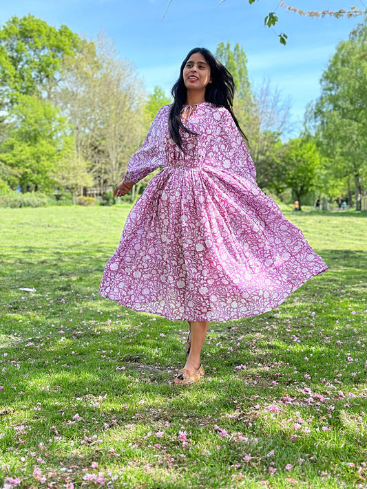 Elegant Block print Midi Dress stitched to be your next comfy dress this Summer in Slate Denim Steel Purple Gingko Floral