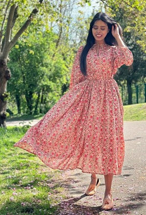 Elegant Block print Midi Dress stitched to be your next comfy dress this Summer in Pastel Rose Peach Beige Pink Floral
