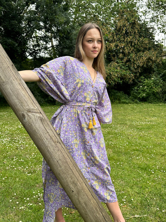 Pure Cotton Long Kaftan Dress Indian Block Print Boho Colourful Summer Earthy Elegant Comfy Daywear Mom Outfit Lavender Yellow Floral