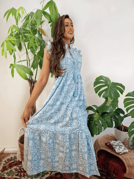 Elegant Cotton Dress Pastel Sky Blue White Floral