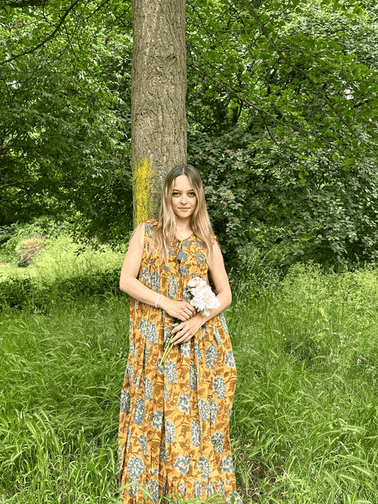 Elegant Block print Ankle/Floor length Dress Blue flower in musard yellow hue