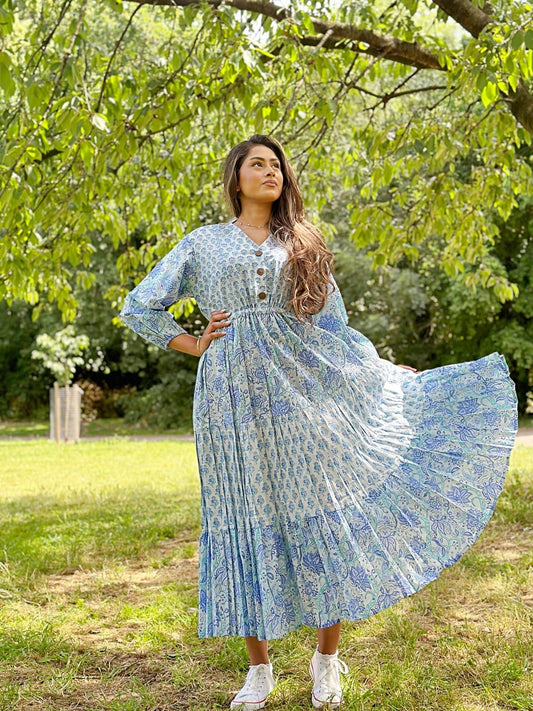Elegant Cotton Dress Love Grey Aqua Blue Pink Hue