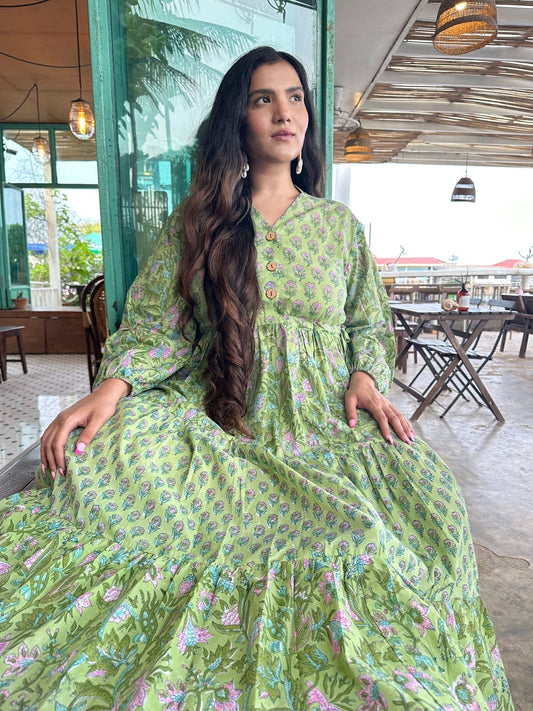 Elegant Cotton Dress Green Dream Floral Vacatio