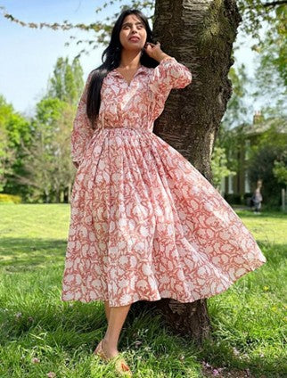 Elegant Block print Midi Dress stitched to be your next comfy dress this Summer in Earthen Old Rose Nature Goddess Floral