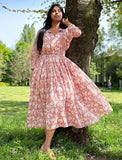 Elegant Block print Midi Dress stitched to be your next comfy dress this Summer in Earthen Old Rose Nature Goddess Floral