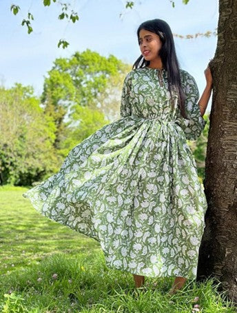 Elegant Block print Midi Dress stitched to be your next comfy dress this Summer in Fresh Olive Green Gingko Leaves