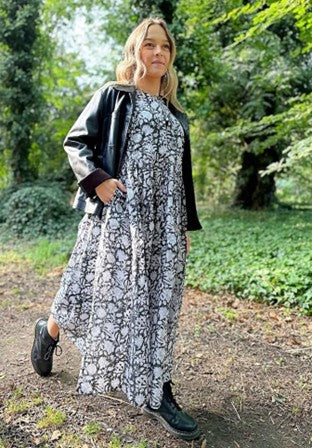 Elegant Block print Midi Dress stitched to be your next comfy dress this Summer in Monochorme Black White Mughal Floral