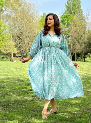 Elegant Block print Midi Dress stitched to be your next comfy dress this Summer in Pastel Oceania Aqua White Lotus Goddess Floral