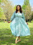 Elegant Block print Midi Dress stitched to be your next comfy dress this Summer in Pastel Oceania Aqua White Lotus Goddess Floral
