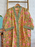 Pure Cotton Handprinted House Robe Summer Kimono | Floral Beach Coverup/Comfy | Autumn Mustard Peach Green Gardenia Floral Bloom Stripe