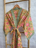 Pure Cotton Handprinted House Robe Summer Kimono | Floral Beach Coverup/Comfy | Autumn Mustard Peach Green Gardenia Floral Bloom Stripe