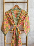 Pure Cotton Handprinted House Robe Summer Kimono | Floral Beach Coverup/Comfy | Autumn Mustard Peach Green Gardenia Floral Bloom Stripe