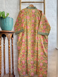 Pure Cotton Handprinted House Robe Summer Kimono | Floral Beach Coverup/Comfy | Autumn Mustard Peach Green Gardenia Floral Bloom Stripe