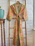Pure Cotton Handprinted House Robe Summer Kimono | Floral Beach Coverup/Comfy | Autumn Mustard Peach Green Gardenia Floral Bloom Stripe