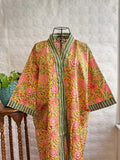 Pure Cotton Handprinted House Robe Summer Kimono | Floral Beach Coverup/Comfy | Autumn Mustard Peach Green Gardenia Floral Bloom Stripe