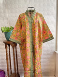Pure Cotton Handprinted House Robe Summer Kimono | Floral Beach Coverup/Comfy | Autumn Mustard Peach Green Gardenia Floral Bloom Stripe