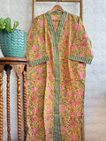 Pure Cotton Handprinted House Robe Summer Kimono | Floral Beach Coverup/Comfy | Autumn Mustard Peach Green Gardenia Floral Bloom Stripe