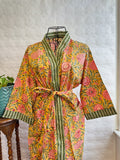 Pure Cotton Handprinted House Robe Summer Kimono | Floral Beach Coverup/Comfy | Autumn Mustard Peach Green Gardenia Floral Bloom Stripe