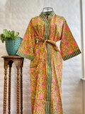 Pure Cotton Handprinted House Robe Summer Kimono | Floral Beach Coverup/Comfy | Autumn Mustard Peach Green Gardenia Floral Bloom Stripe