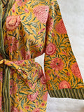 Pure Cotton Handprinted House Robe Summer Kimono | Floral Beach Coverup/Comfy | Autumn Mustard Peach Green Gardenia Floral Bloom Stripe