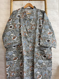 Pure Cotton Handprinted House Robe Summer Kimono | Floral Beach Coverup/Comfy Maternity Mom | Monochromatic Grey White Rust Botanical Floral