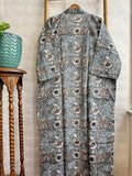 Pure Cotton Handprinted House Robe Summer Kimono | Floral Beach Coverup/Comfy Maternity Mom | Monochromatic Grey White Rust Botanical Floral