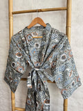 Pure Cotton Handprinted House Robe Summer Kimono | Floral Beach Coverup/Comfy Maternity Mom | Monochromatic Grey White Rust Botanical Floral