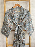 Pure Cotton Handprinted House Robe Summer Kimono | Floral Beach Coverup/Comfy Maternity Mom | Monochromatic Grey White Rust Botanical Floral