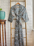 Pure Cotton Handprinted House Robe Summer Kimono | Floral Beach Coverup/Comfy Maternity Mom | Monochromatic Grey White Rust Botanical Floral