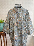 Pure Cotton Handprinted House Robe Summer Kimono | Floral Beach Coverup/Comfy Maternity Mom | Monochromatic Grey White Rust Botanical Floral