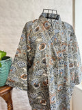 Pure Cotton Handprinted House Robe Summer Kimono | Floral Beach Coverup/Comfy Maternity Mom | Monochromatic Grey White Rust Botanical Floral